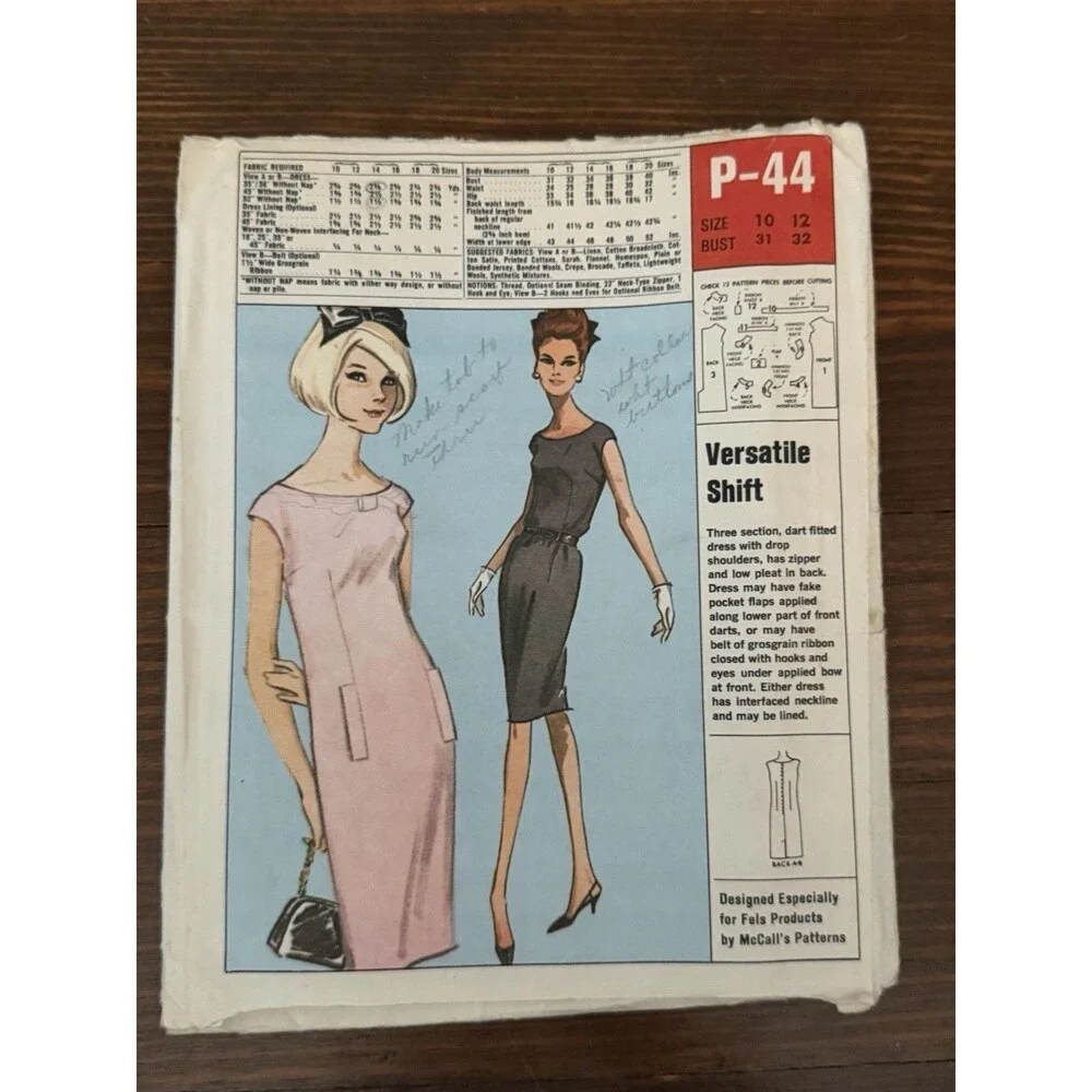 McCall's Sewing Pattern P-44 1960's Misses Dress Versatile Shift Size 10 12